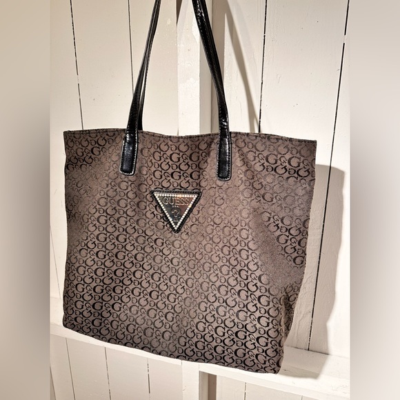 Guess Handbags - Guess Branded Brown Tote Bag Black Patten Leather Straps Bling Silver Logo